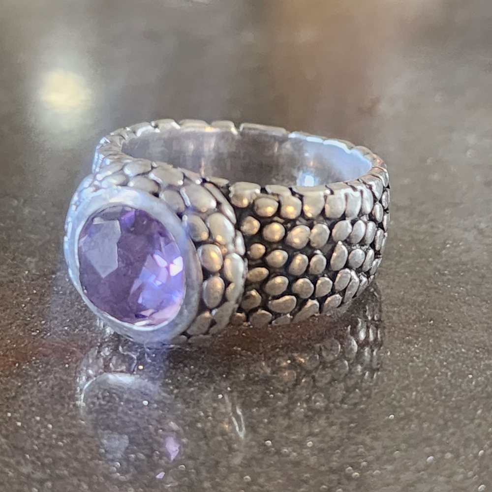 925 Sterling Silver Chunky Snakeskin Ring Sz 11 Purple Amethyst Gemstone Unisex